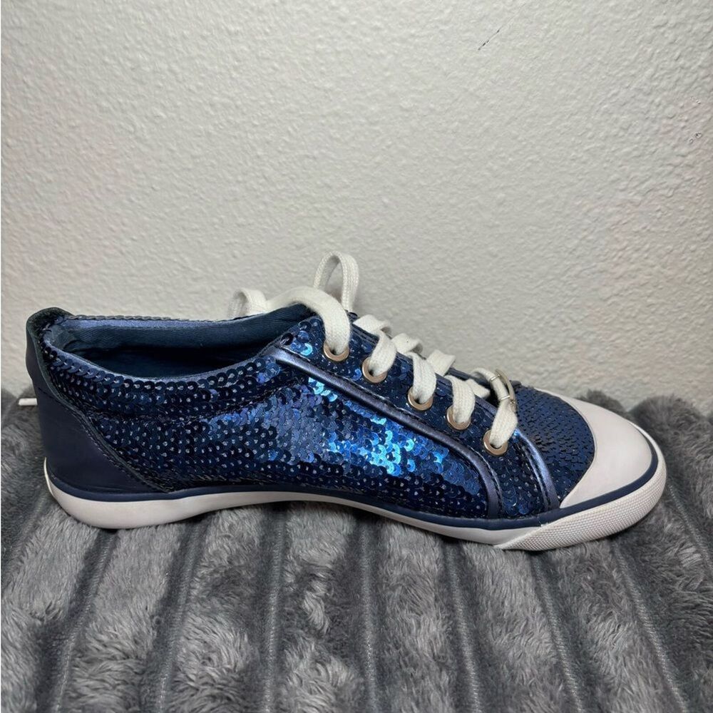 Coach Women's EUC Navy Blue Sequin Sneakers with Navy Leather & white trim. Sz 6 - Picture 8 of 13